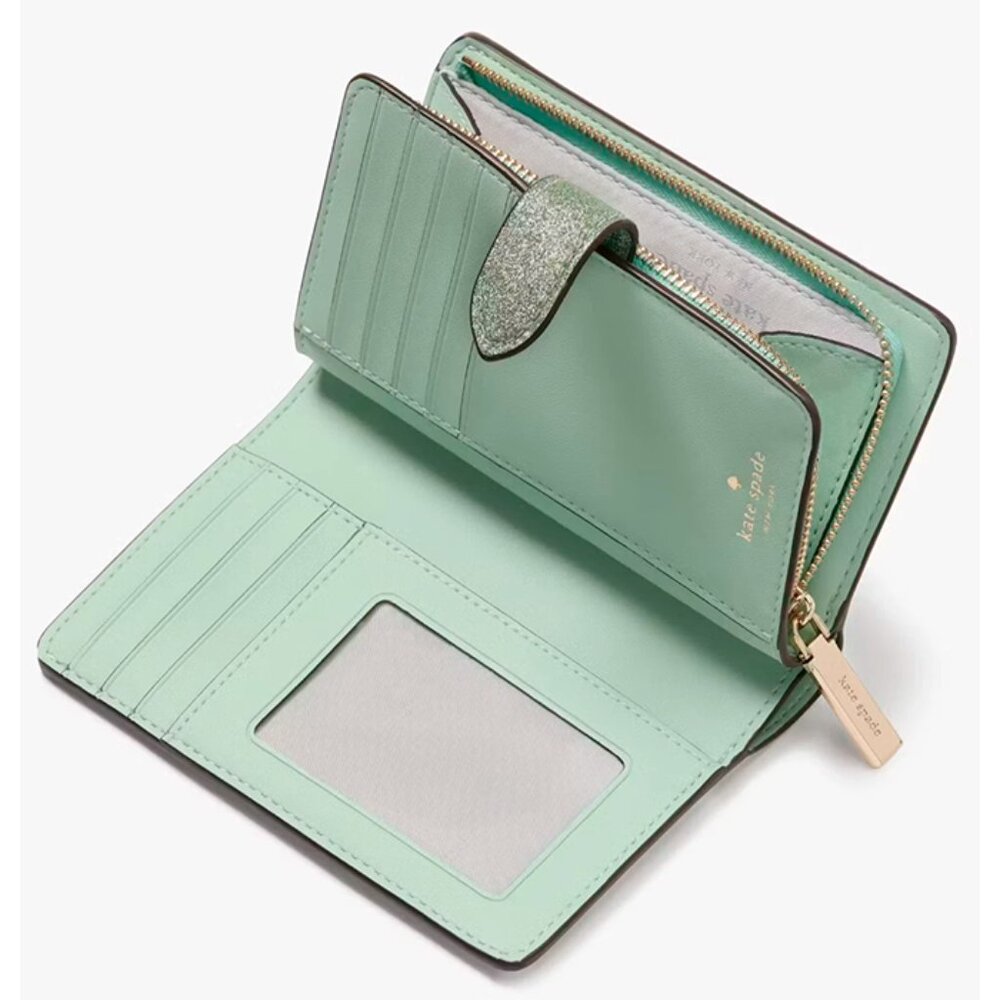 S NIB Kate Spade Kenzie Boxed Medium Compact Bifold Green Glitter Wallet KK321 - Picture 4 of 9